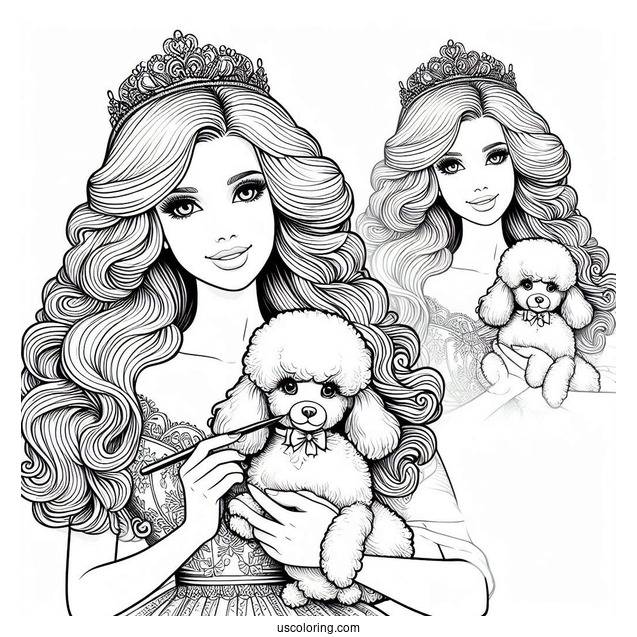 Barbie Holding Poodle Dog To Color