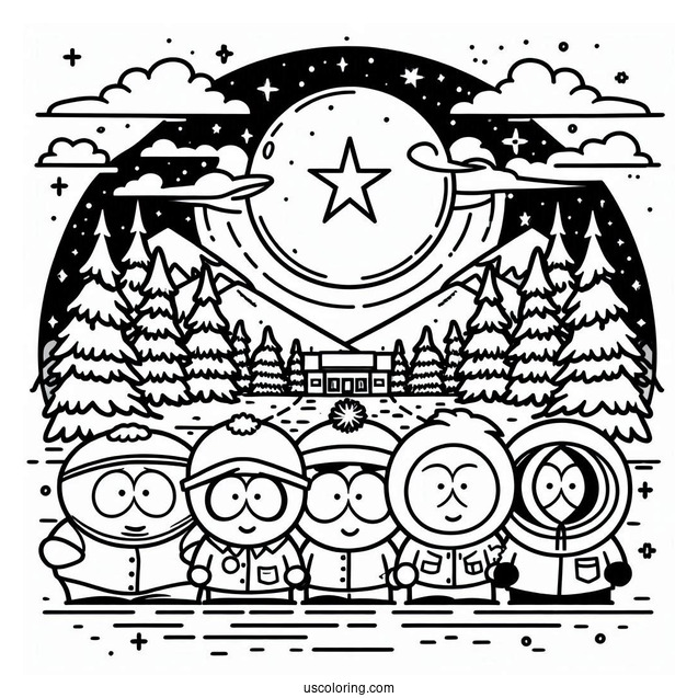 Eric, Stan, Kenny, And Kyle In Front Of South Park Coloring Page