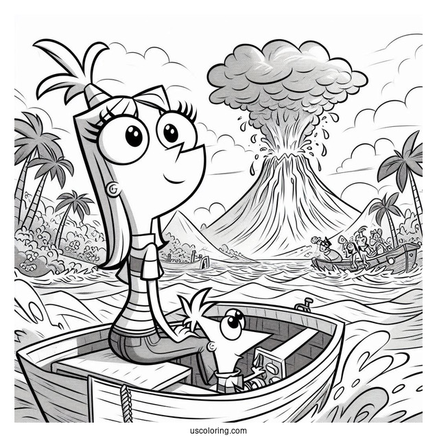 Phineas And Ferb Coloring Page With Isabella Watching Volcanic Eruption From Boat