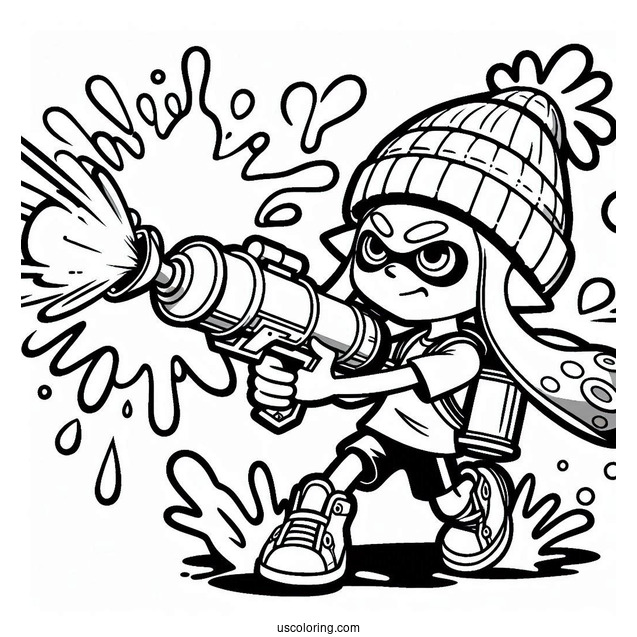 Splatoon Coloring Page Of Blue Inkling Boy Shooting Orange Inkling Girl