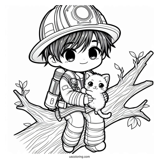 Heroic Chibi Coloring Page Firefighter Saving a Kitten from a Tree