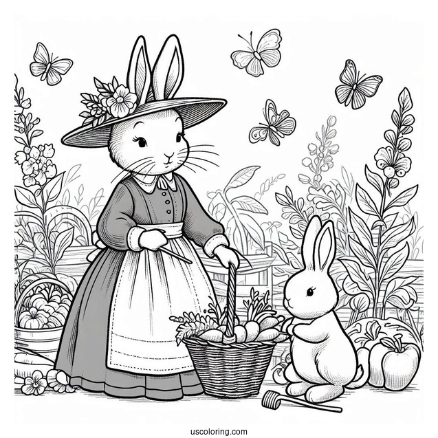 Mrs. Rabbit Harvesting With Peter Rabbit Coloring Page