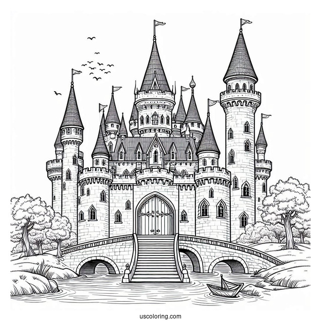 Front View Of A Castle Coloring Page With Bridge And Moat