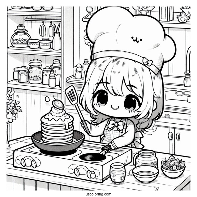 Energetic Chibi Coloring Page Chef Flipping Pancakes in a Cozy Kitchen