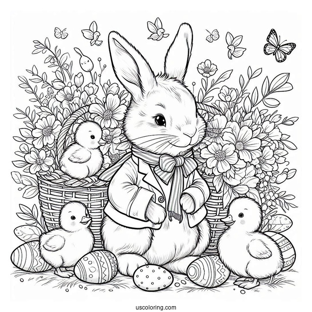 Peter Rabbit Coloring Page Surrounded By Ducklings And Easter Eggs