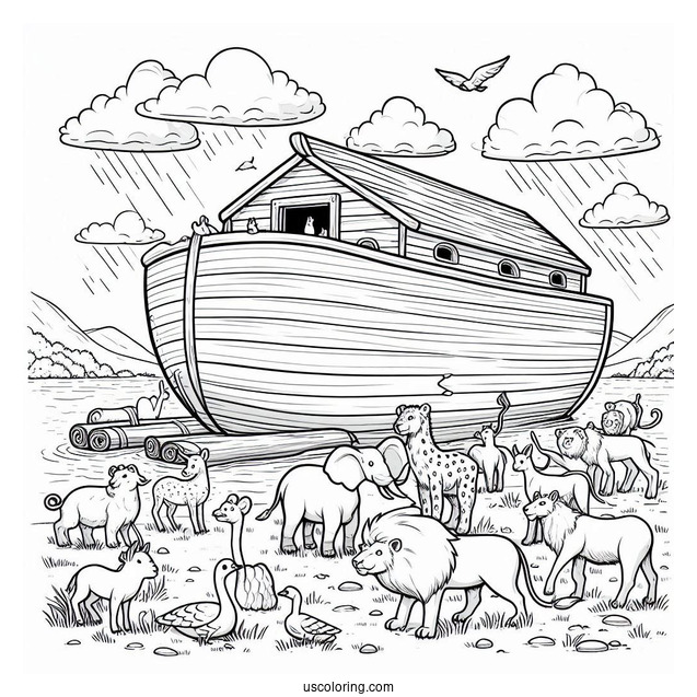 Noah's Ark Coloring Page Leading Animals Into The Ark