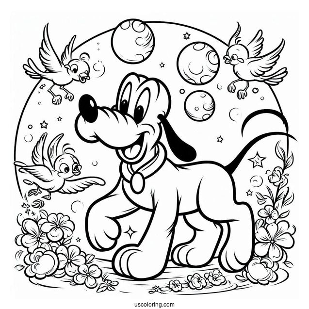 Pluto Coloring Page Playing With Birds