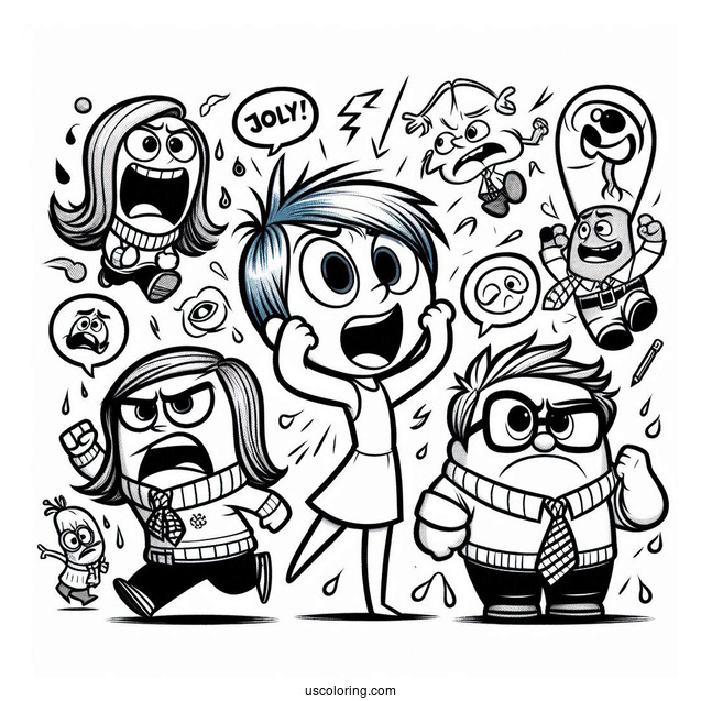 Pixar Coloring Page of Inside Out Joy, Anger, Fear, Sadness, Disgust