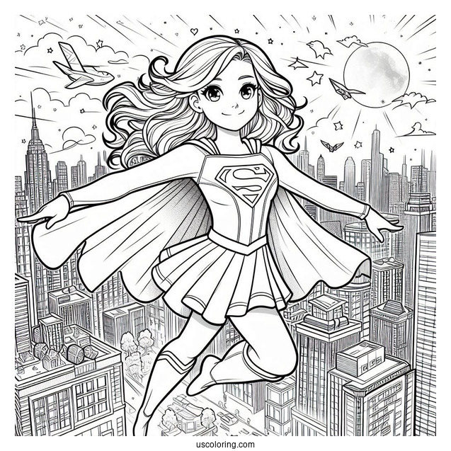 Coloring Page Of Supergirl Flying In The City