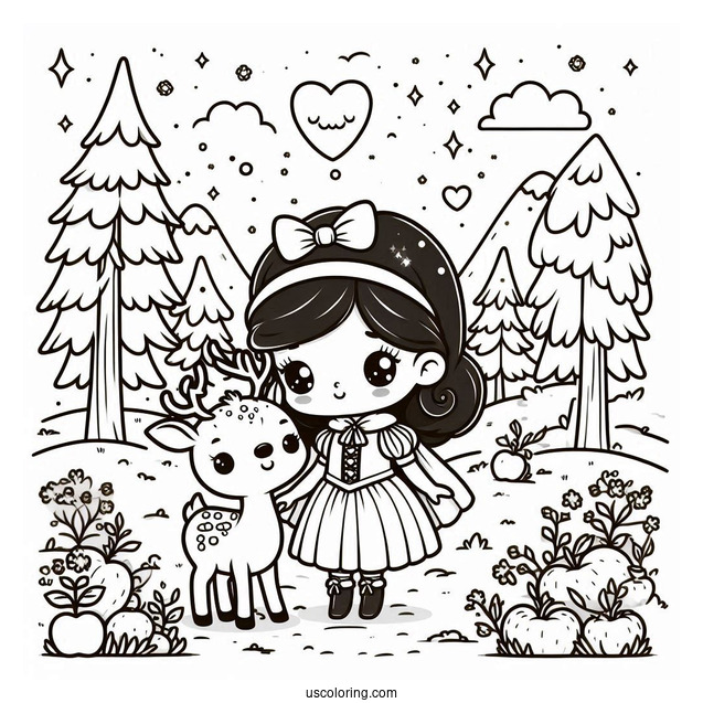 Kawaii Snow White Coloring Pages With Deer In The Forest For Preschoolers