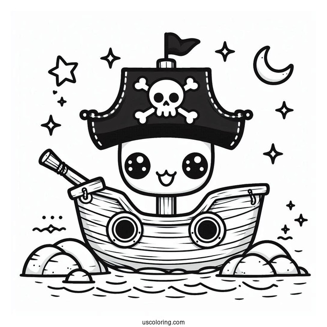 Kawaii Cartoon Pirate Ship Coloring Page For Preschoolers