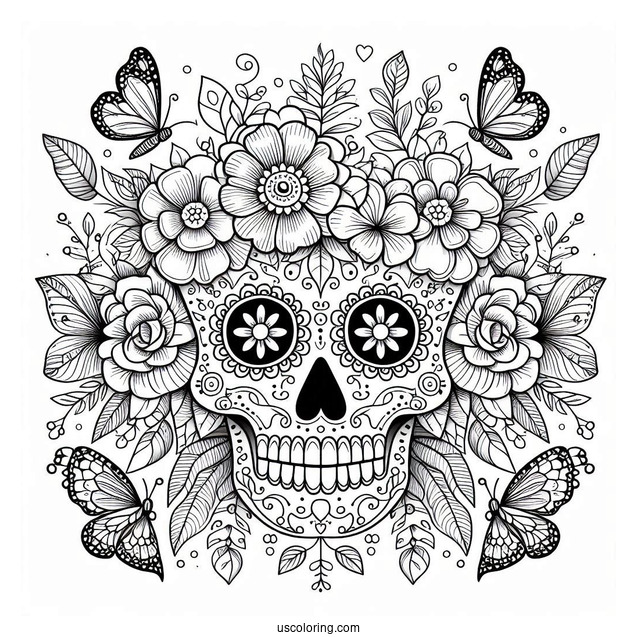 Detailed Sugar Skulls Coloring Page With Flowers And Butterflies