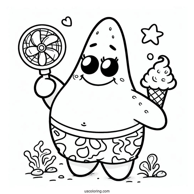 Cute Patrick Star Coloring Page Holding Fan And Ice Cream