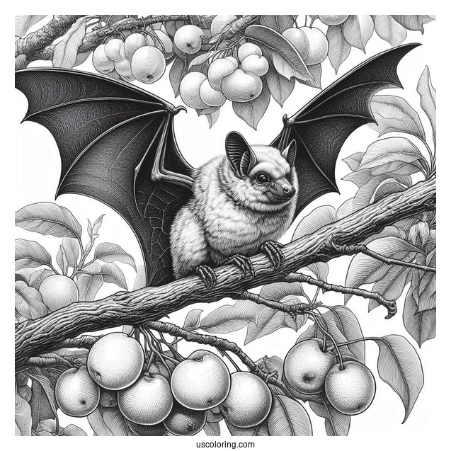 Close Up Of Realistic Bat Coloring Page Roosting On Fruit Tree