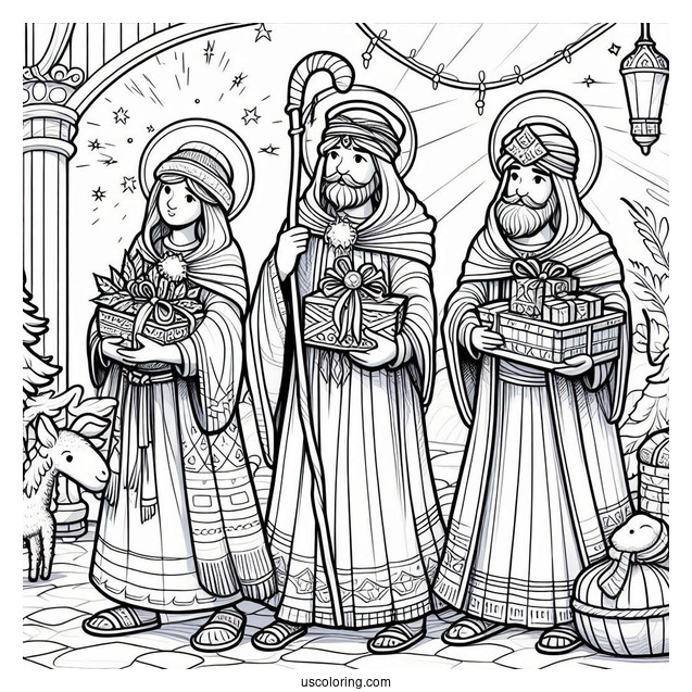 Nativity Coloring Page Of The Three Wise Men Carrying Gifts