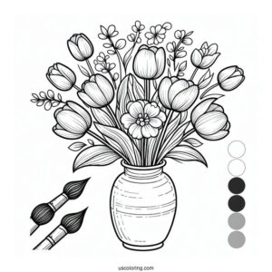 Flower Coloring Pages Of Tulips Bouquet On Paint Brush Handle Vase