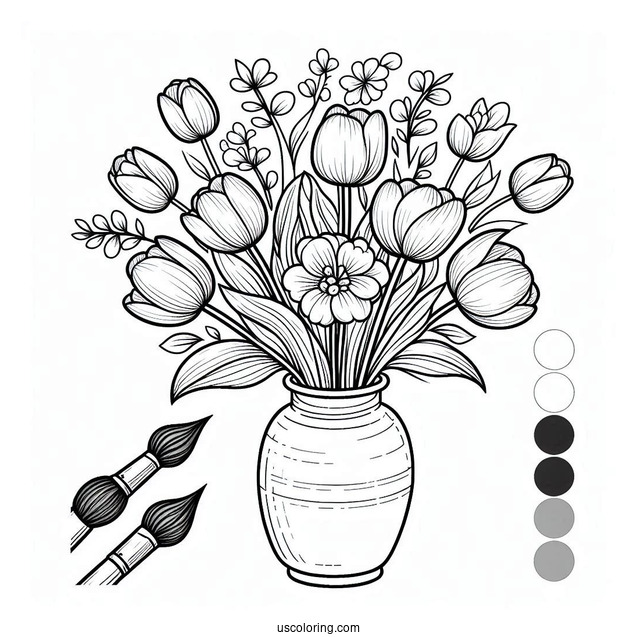 Flower Coloring Pages Of Tulips Bouquet On Paint Brush Handle Vase