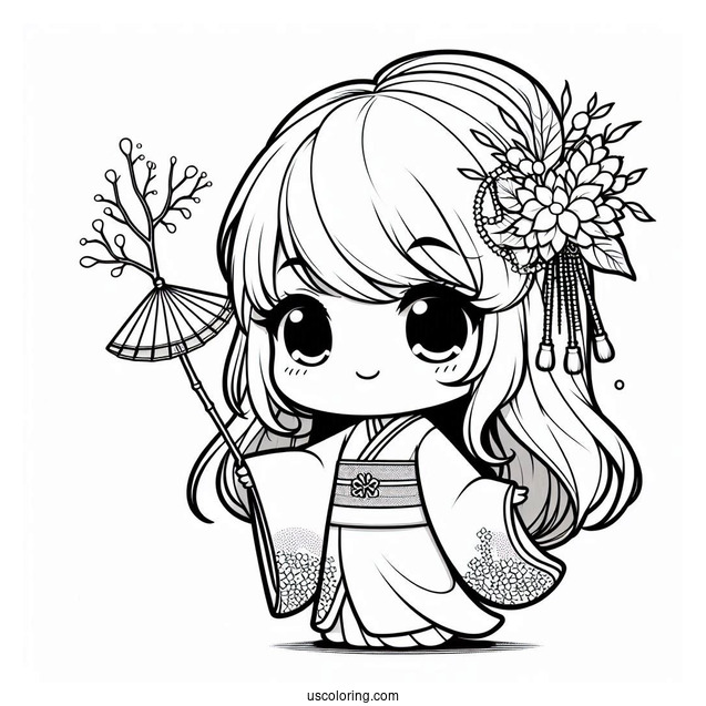 Beautiful Chibi Girl In A Kimono Coloring Page