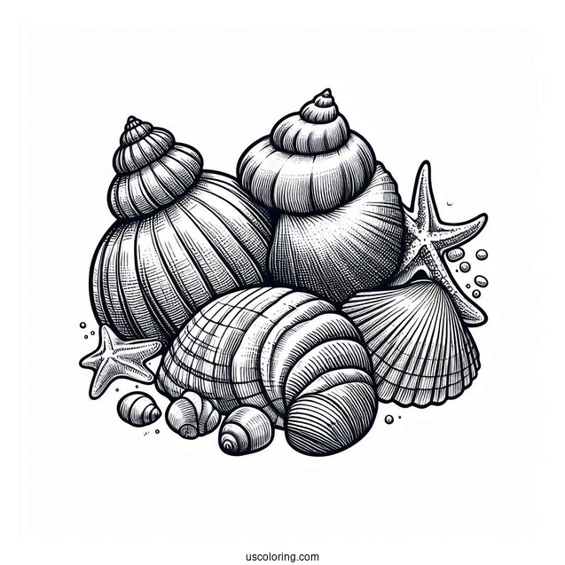 Summer Coloring Page Of Full Page Realistic Seashells