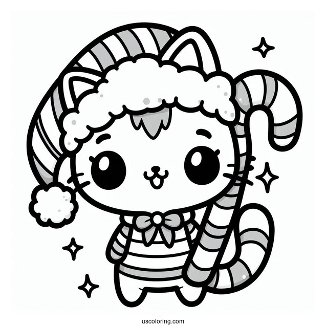 Kawaii Cat With Santa Hat Holding A Candy Cane Coloring Page For Preschoolers