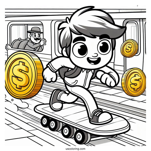 Subway Surfers Coloring Page Jake Chasing Gold Coins Behind A Subway