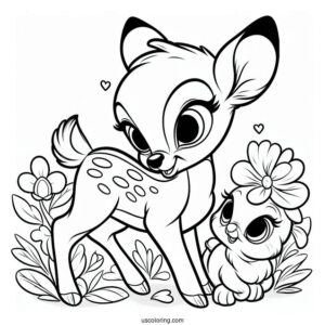 Coloring Sheet Of Bambi With Thumper And Flower