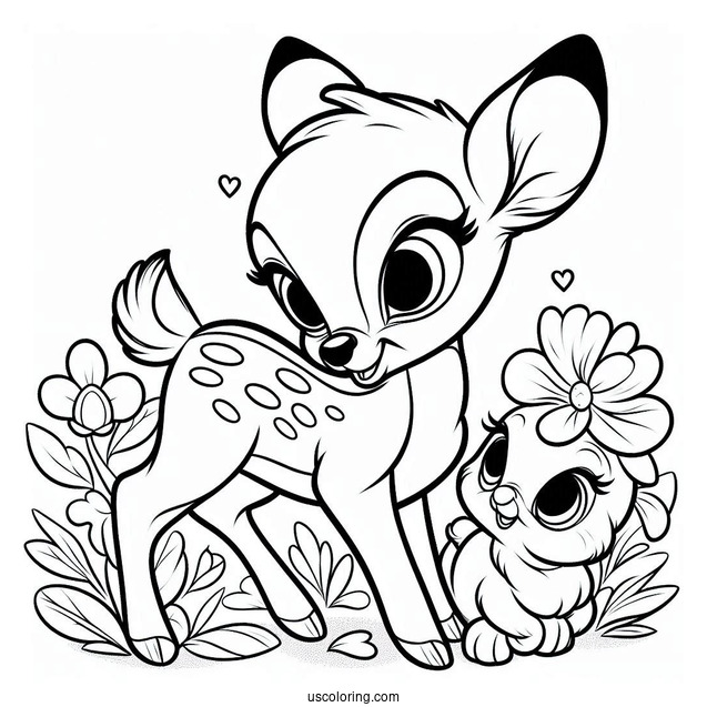 Coloring Sheet Of Bambi With Thumper And Flower