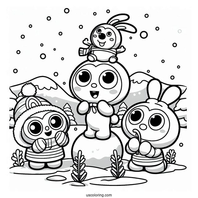 Pororo Coloring Page Of Eddy, Poby, Loopy, And Crong Playing In The Snow