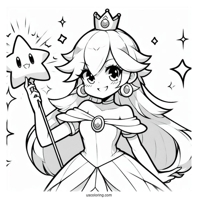 Anime Rosalina Coloring Page Holding Up Star Wand