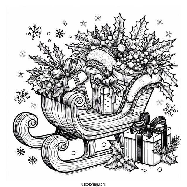 Christmas Coloring Pages For Adults Of Christmas Sled Filled With Hollies, Presents, And Mistletoes