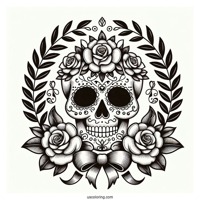 Sugar Skulls Coloring Page With Laurel Leaves And Roses