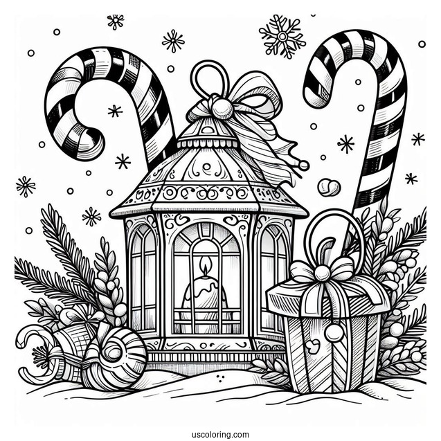 Christmas Coloring Pages For Adults Of Christmas Lantern With Candy Canes In Background
