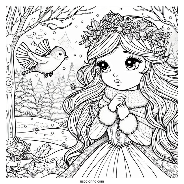 Princess Coloring Page Of Listening To A Bird In Winter