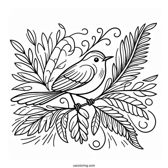 Easy Outline Of Bird Perched On Leaf In Jungle Coloring Page