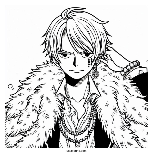 One Piece Coloring Page Of Trafalgar D. Water Law Wearing Fur Coat And Jewelry