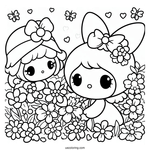 Kawaii My Melody Coloring Page Picking Flowers