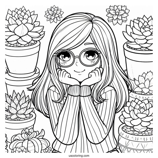 Nerdy Girl Surrounded By Succulents Coloring Page For Kids