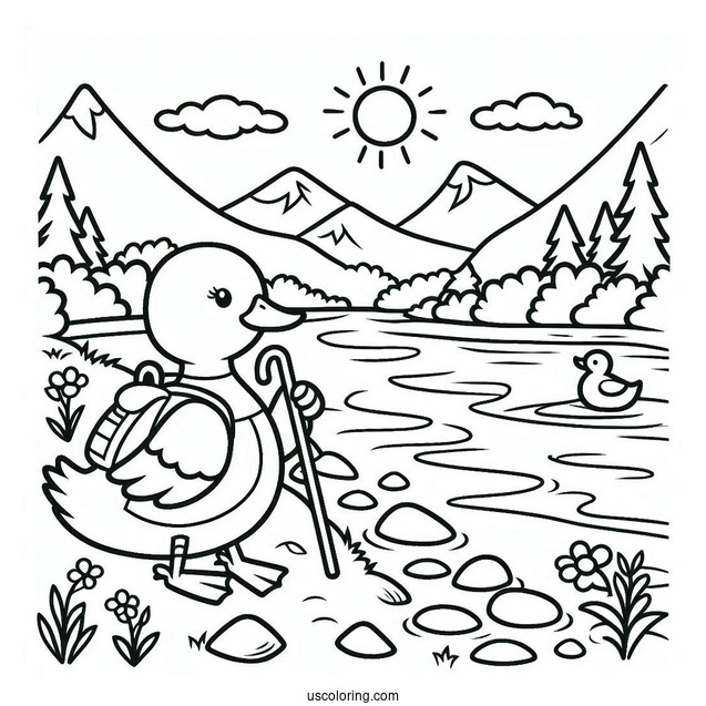 Simple Hiker Duck Next To the River Coloring Page For Preschoolers