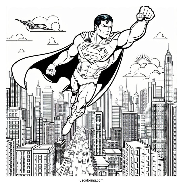 Superman Flying Over Buildings Coloring