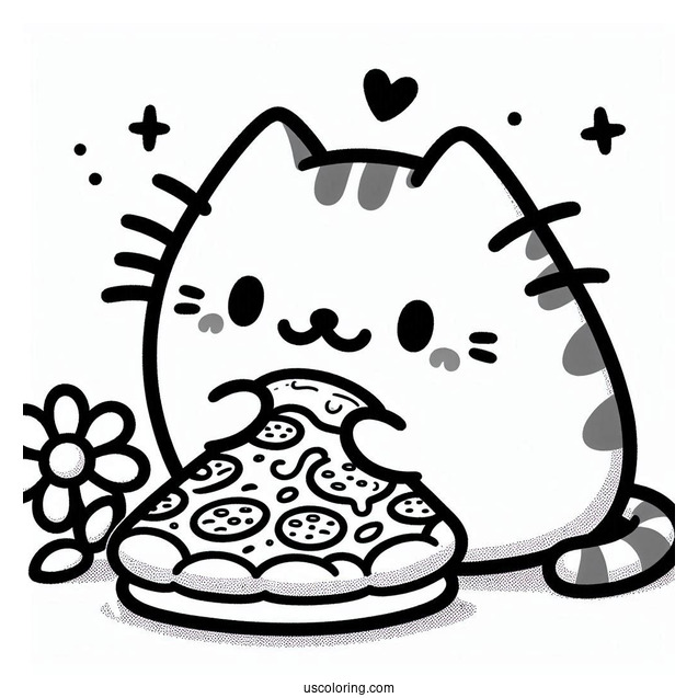 Pusheen Cat Eating Pizza Coloring Page