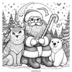 North Pole Coloring Page Of Realistic Santa Claus With An Owl And Polar Bears