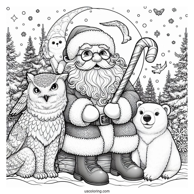 North Pole Coloring Page Of Realistic Santa Claus With An Owl And Polar Bears