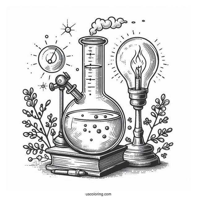 Science Coloring Page Of Volumetric Flask Being Heated On Stand Above Alcohol Lamp