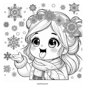 Realistic Little Girl Sticking Tongue Out To Catch Snowflake Coloring Page