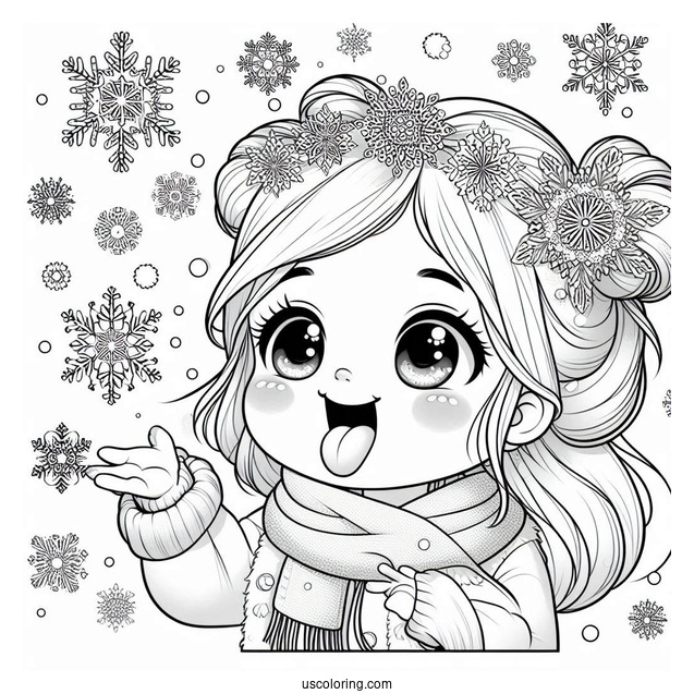 Realistic Little Girl Sticking Tongue Out To Catch Snowflake Coloring Page