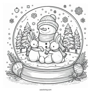 Snowman Hugging Rabbits Snow Globe Coloring Page