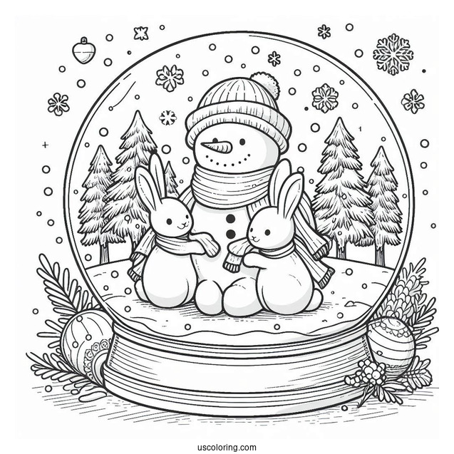 Snowman Hugging Rabbits Snow Globe Coloring Page
