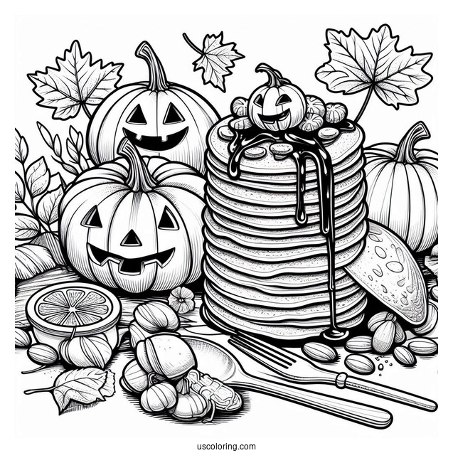 Realistic Fall Pancake Coloring Page With Jack O Lanterns