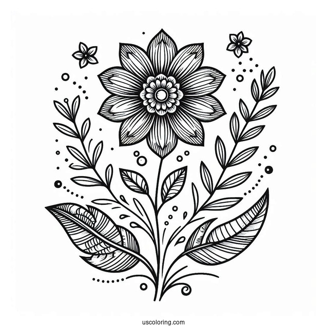 Easy Flower Mandala Coloring Page With Stem And Long Leaves