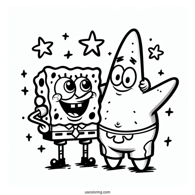 Happy SpongeBob And Patrick Star Coloring Page With Arms Around One Another